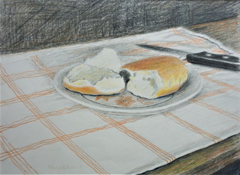 Plate and bread coloured pencil drawing